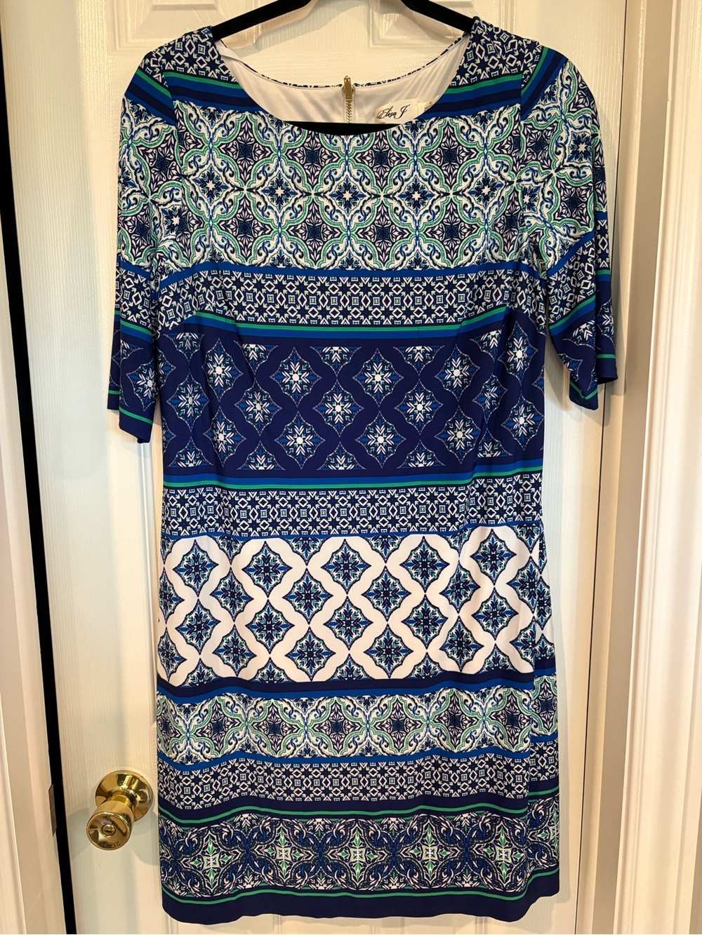 Eliza J Blue, White & Green Printed Shift Dress